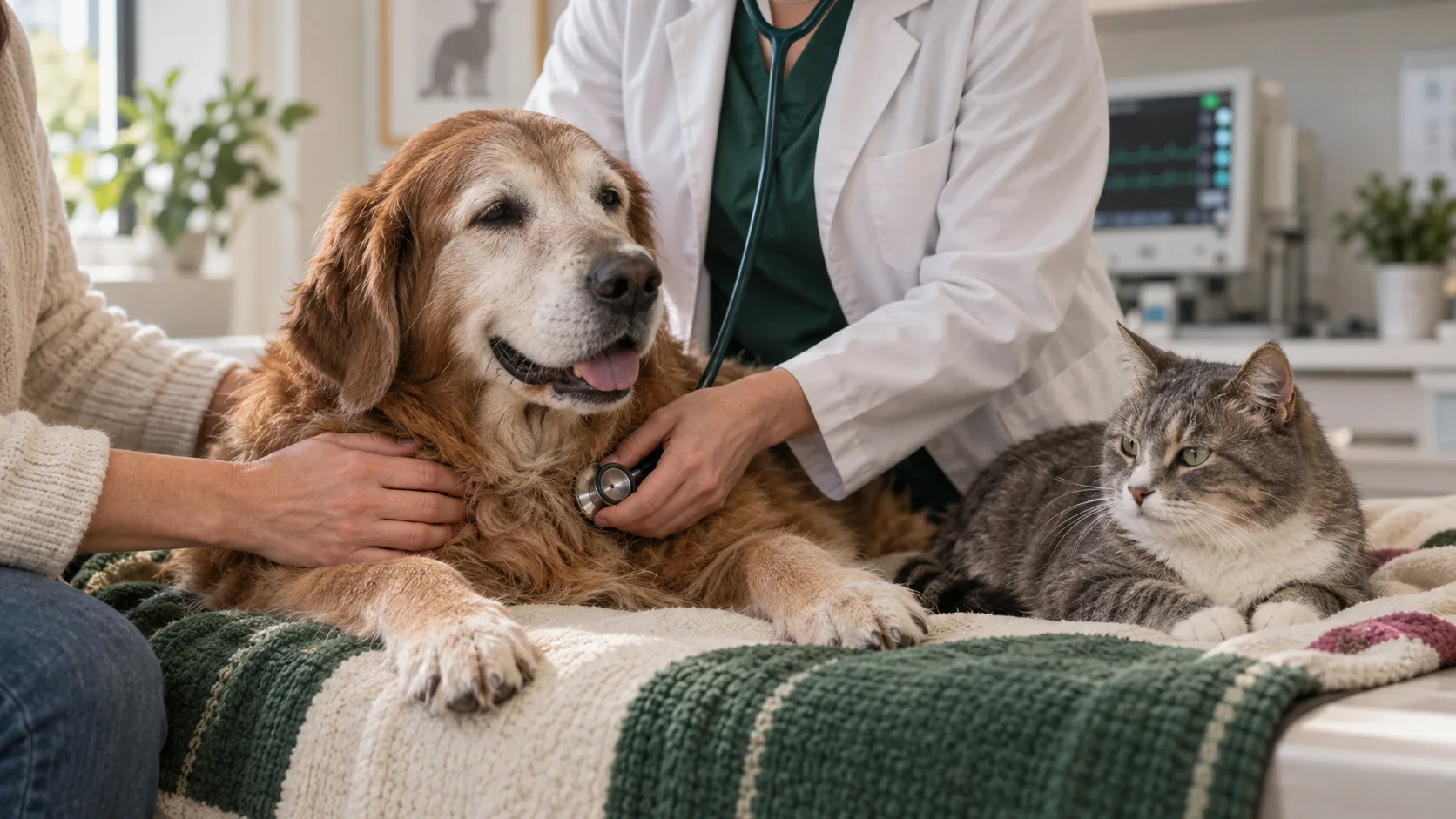 Vyšetření srdce staršího psa ve veterinární ordinaci